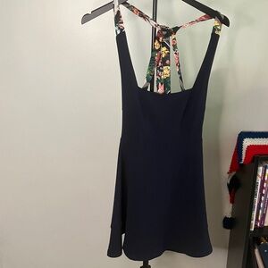 Lulu's Dark Blue Backless Dress with Floral Straps